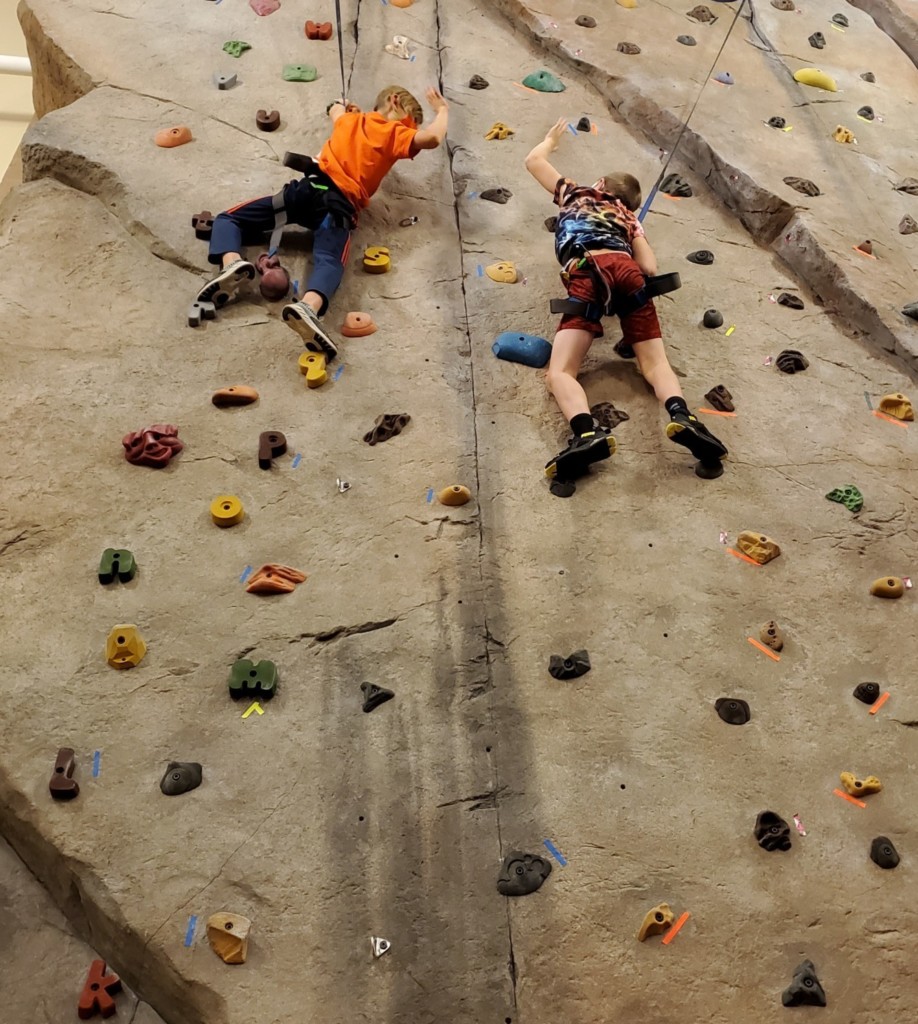 Two children are indoor rock climbing, attached to safety ropes. They are midway up the wall, which is dotted with various colorful handholds and footholds, concentrating on their next moves.