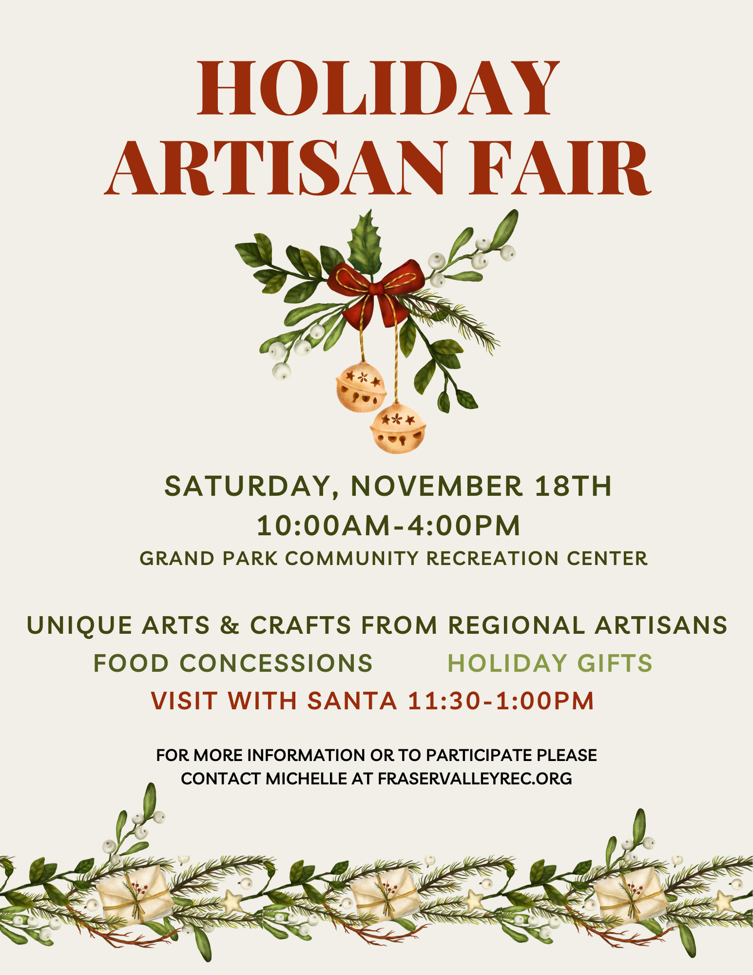 This is a flyer promoting our Holiday Craft Fair on November 18th from 10-4pm at the Grand Park Community Rec Center