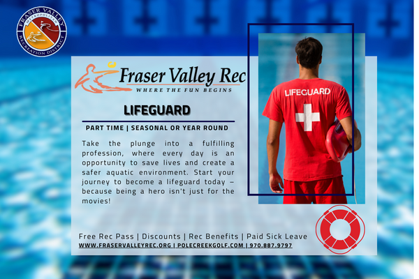 An image of a lifeguard stating we are hiring part time seasonal or year round lifeguards.