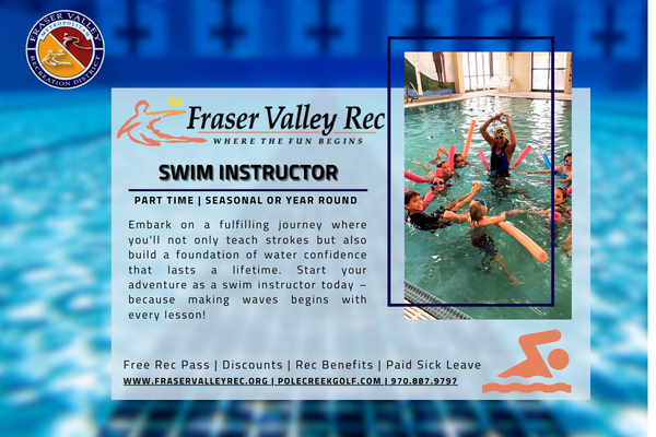 Image showing a swim instructor with her swim class, and a text saying swim instructor, part time seasonal or year round.