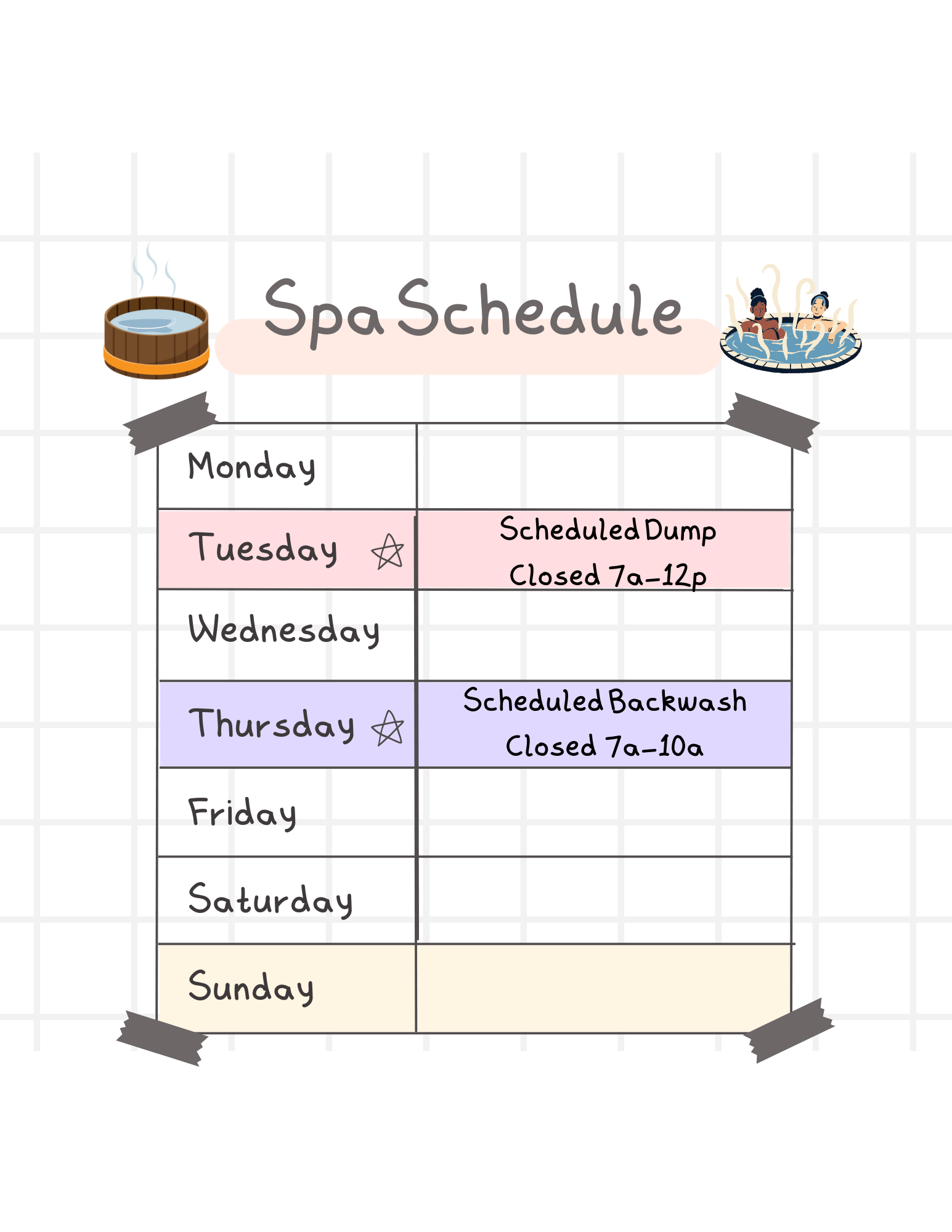 A whimsical spa schedule graphic showing a weekly timetable with cartoonish illustrations. On the top left, a wooden hot tub with steam rising and on the top right, two people relaxing in a pool float. The schedule lists days of the week with specific maintenance activities and closure times for Tuesday 7am to Noon and Thursday mornings is a scheduled backwash 7am - 10am.