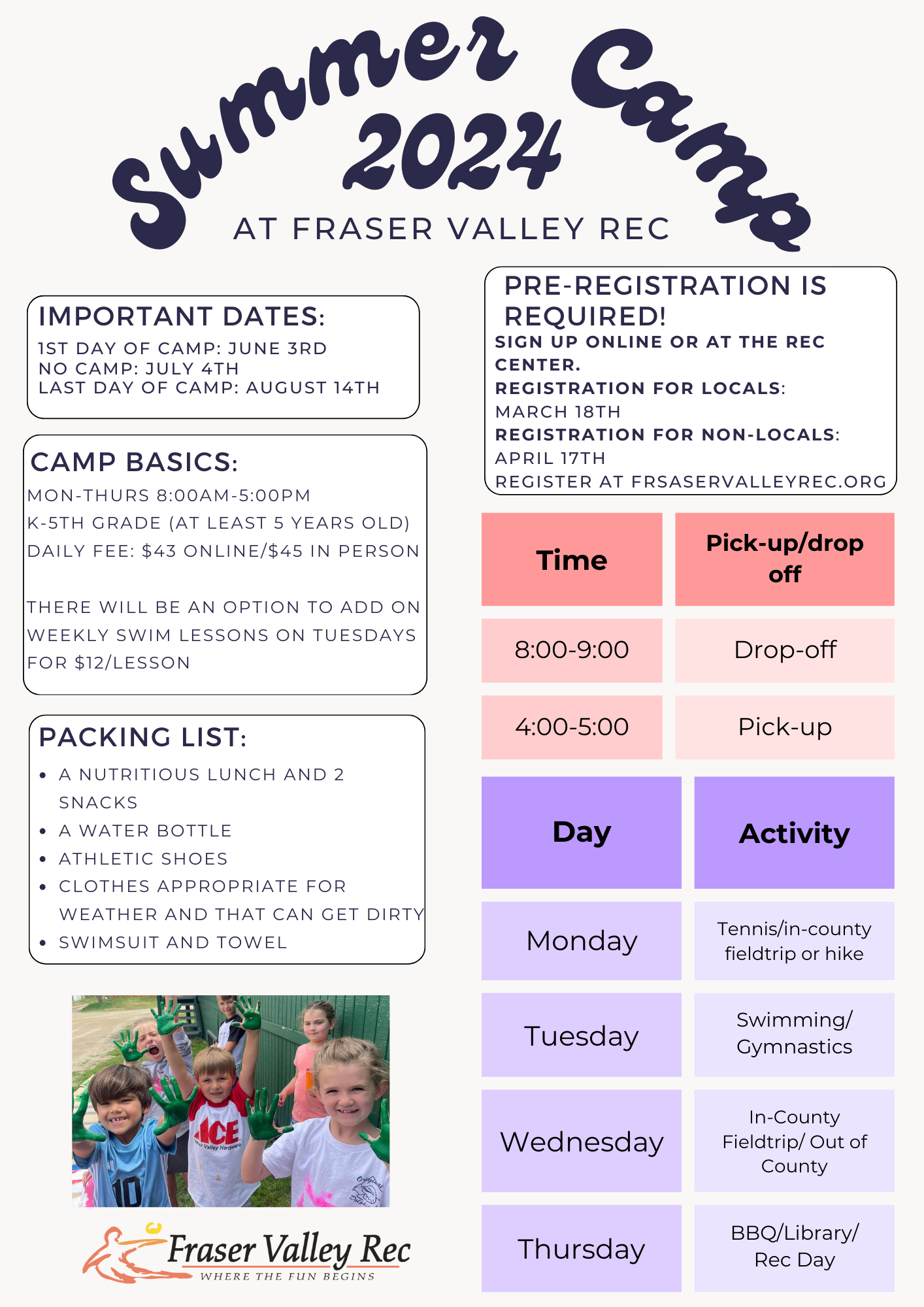 This is an informative flyer for Summer Camp 2024 at Fraser Valley Rec, which includes important dates, camp basics like the schedule for Monday to Thursday, the age group targeted, daily fees, and additional options for swim lessons. There's also a packing list provided. It details the pre-registration requirements for locals and non-locals, with specific times for drop-off and pick-up. The flyer outlines the weekly activities for each day and shows a photo of smiling children with painted hands at the bottom, alongside the Fraser Valley Rec logo.