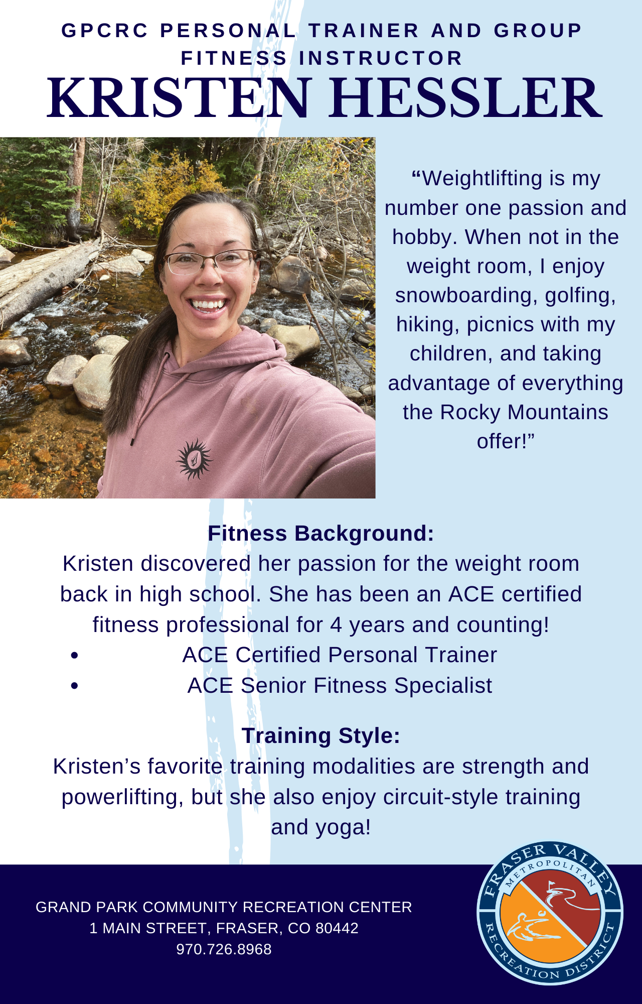 Advertisement for GPRC Personal trainer and group fitness instructor Kristen Hessler 