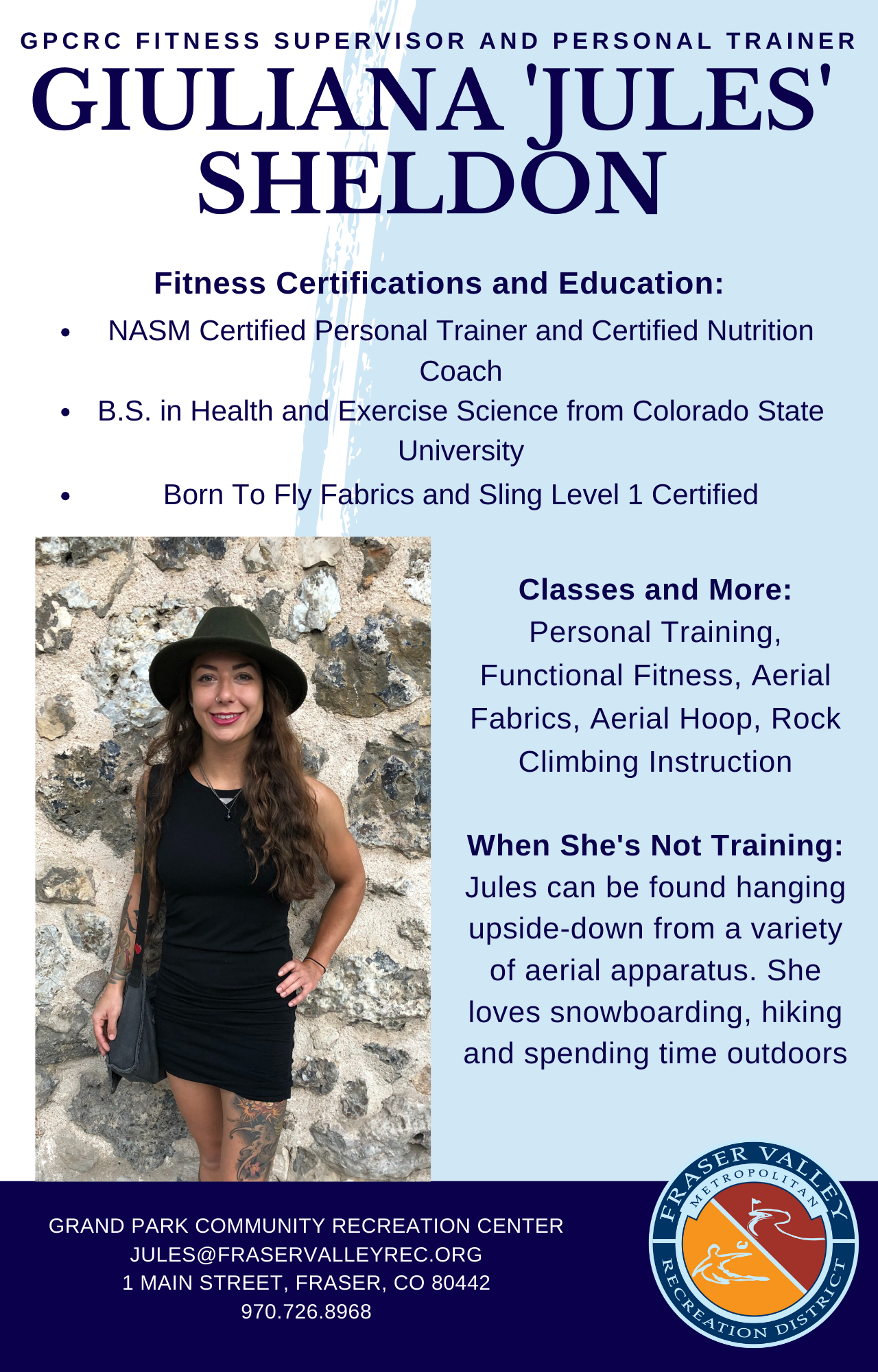 Advertisement for GPCRC fitness supervisor and personal trainer Giuliana Jules Sheldon