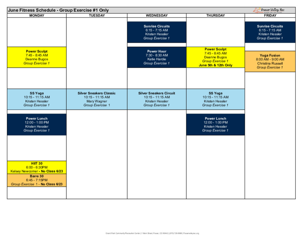 A visual grid of the June Fitness Group Exercise Room 1 schedule. See below for specific dates and times for all provided classes. 