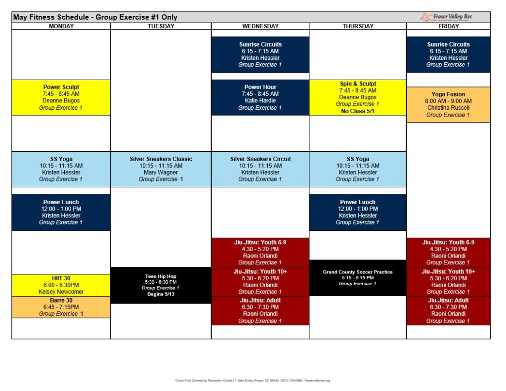 A visual grid of the May Fitness Group Exercise Room 1 schedule. See below for specific dates and times for all provided classes. 