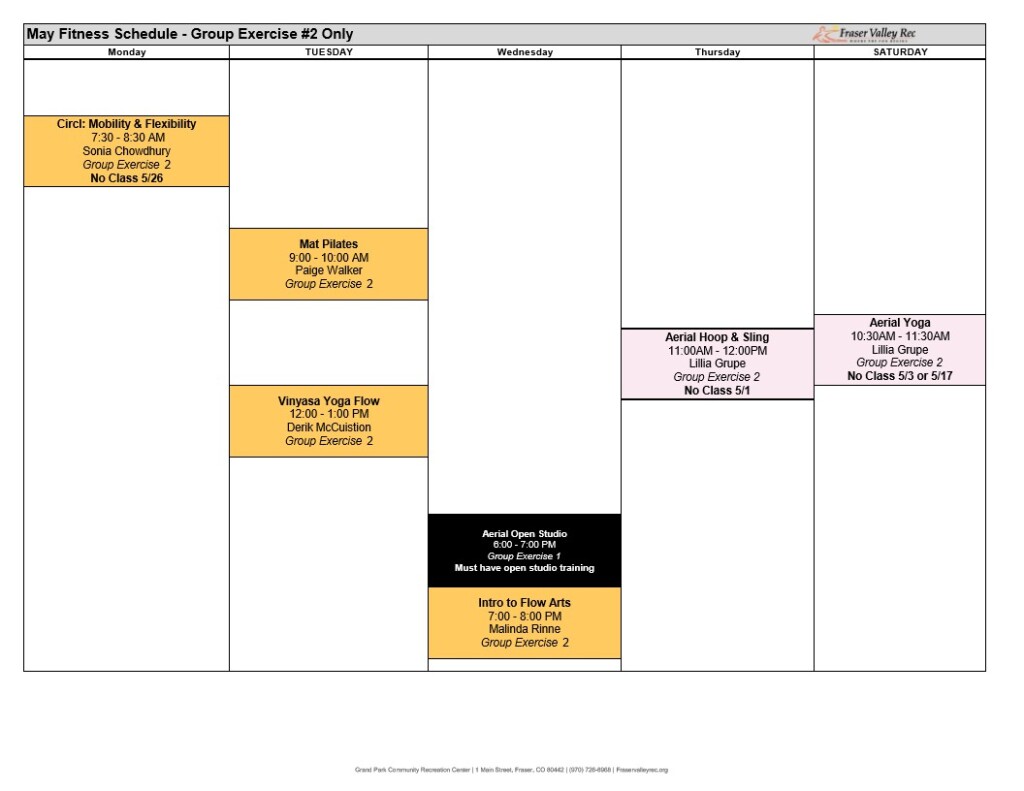 A visual grid of the May Fitness Group Exercise Room 2 schedule. See below for specific dates and times for all provided classes. 