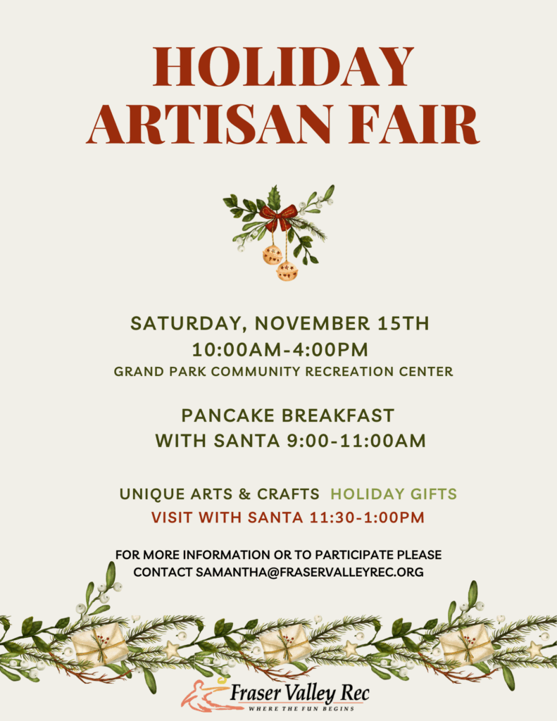 Flyer for the Holiday Artisan Fair at Grand Park Community Recreation Center on Saturday, November 15th, featuring arts & crafts, holiday gifts, and a visit with Santa.
