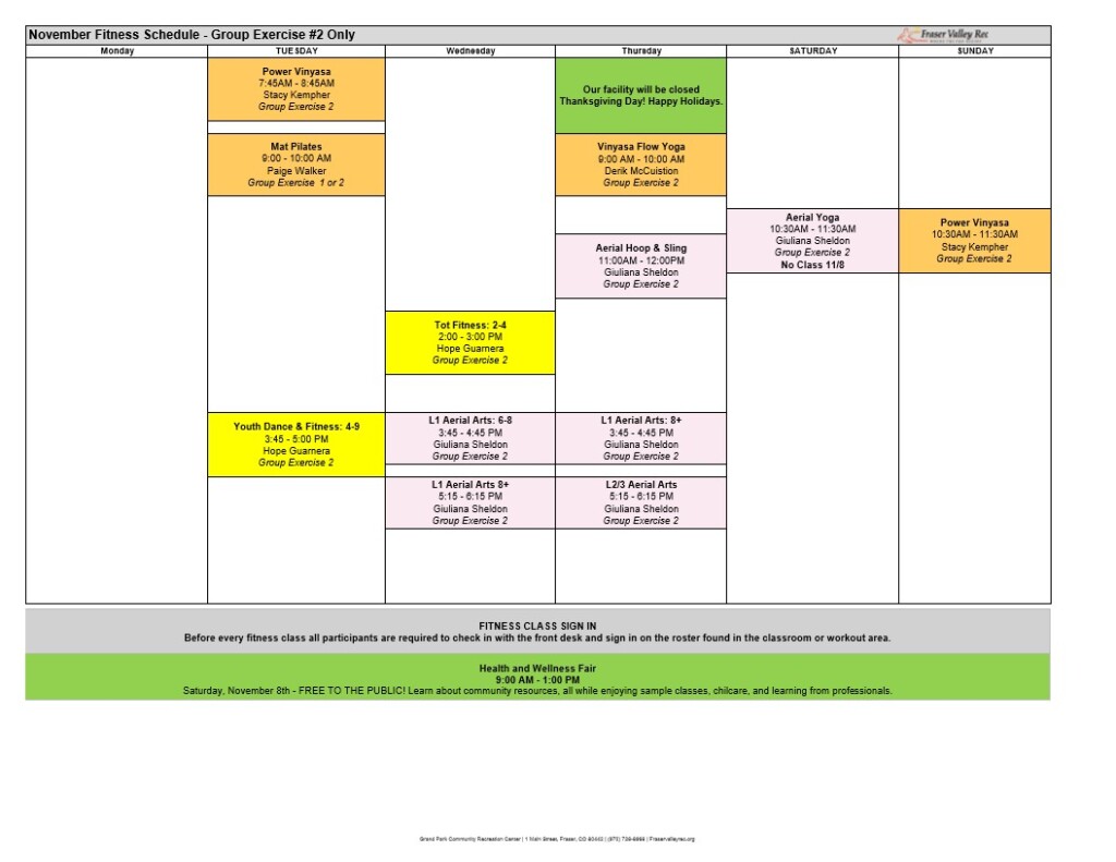 November fitness schedule group exercise #2 only